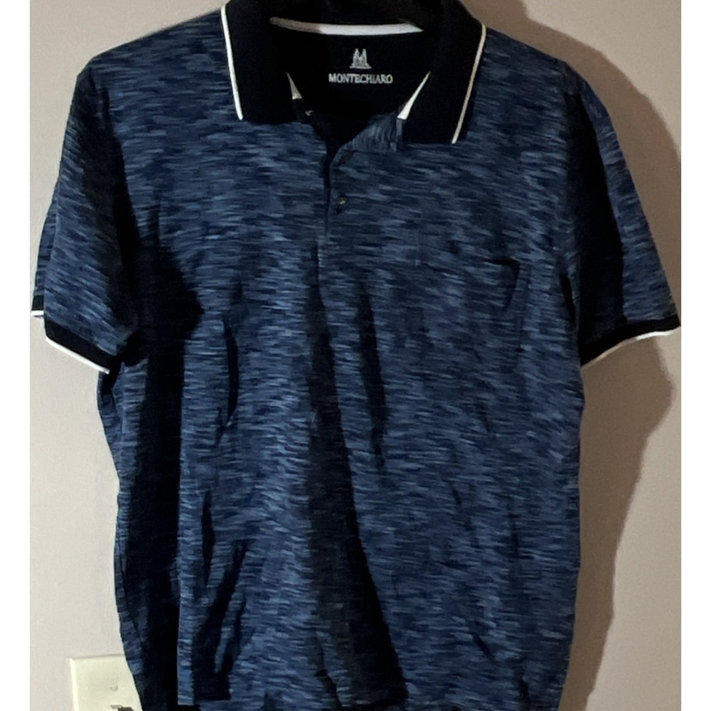 Montechiaro Men's Blue Heathered Collared‎ Button Polo Shirt Short Sleeve M